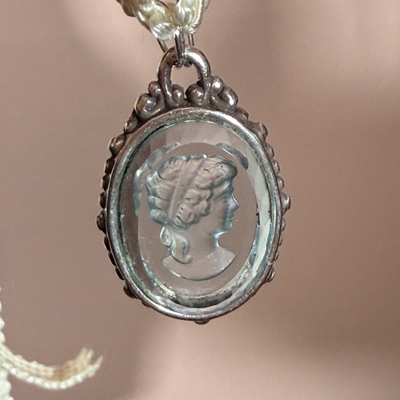 Victorian Antique blue Glass intaglio cameo Sterling silver pendant necklace